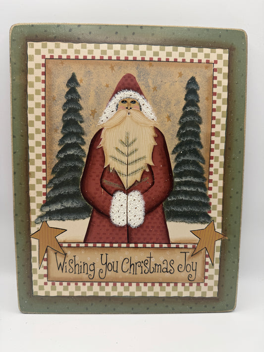 Hand-Painted Wooden “Wishing You Christmas Joy” Santa Sign – 8" x 10"
