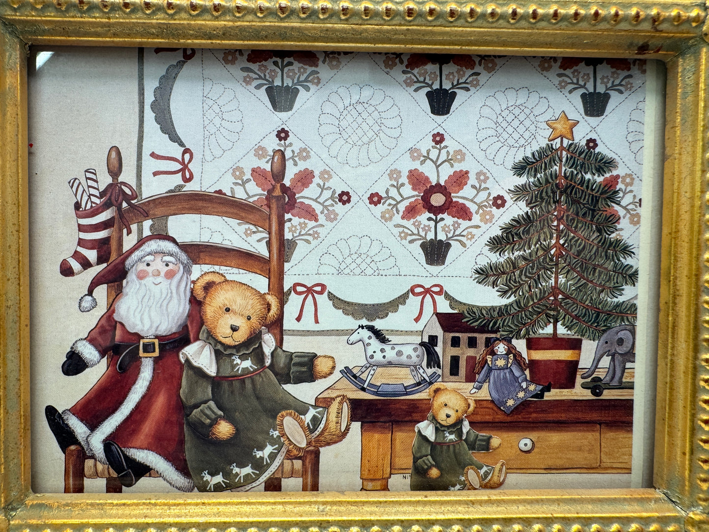 Framed Vintage Santa with Teddy Bears Christmas Print – 10.5" x 8.5"