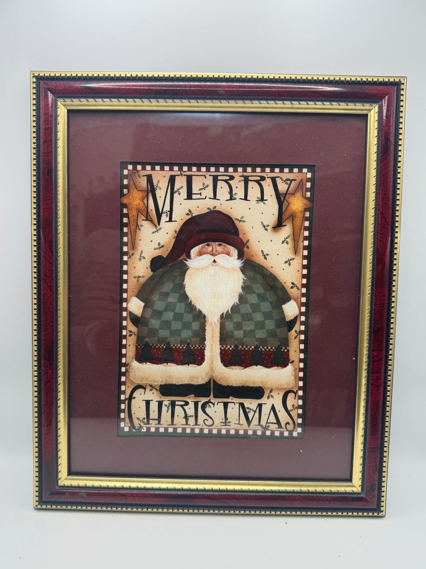 Framed “Merry Christmas” Folk Art Santa Print – 9.5" x 11.5"