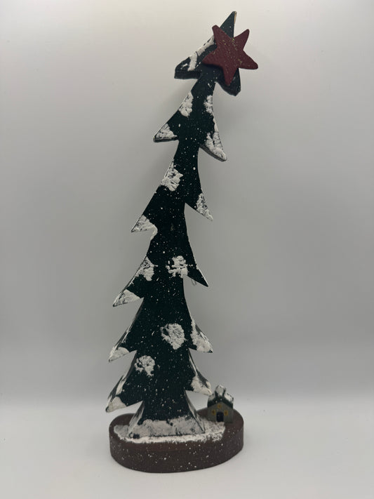 Rustic Snow-Dusted Wooden Christmas Tree with House – 11"