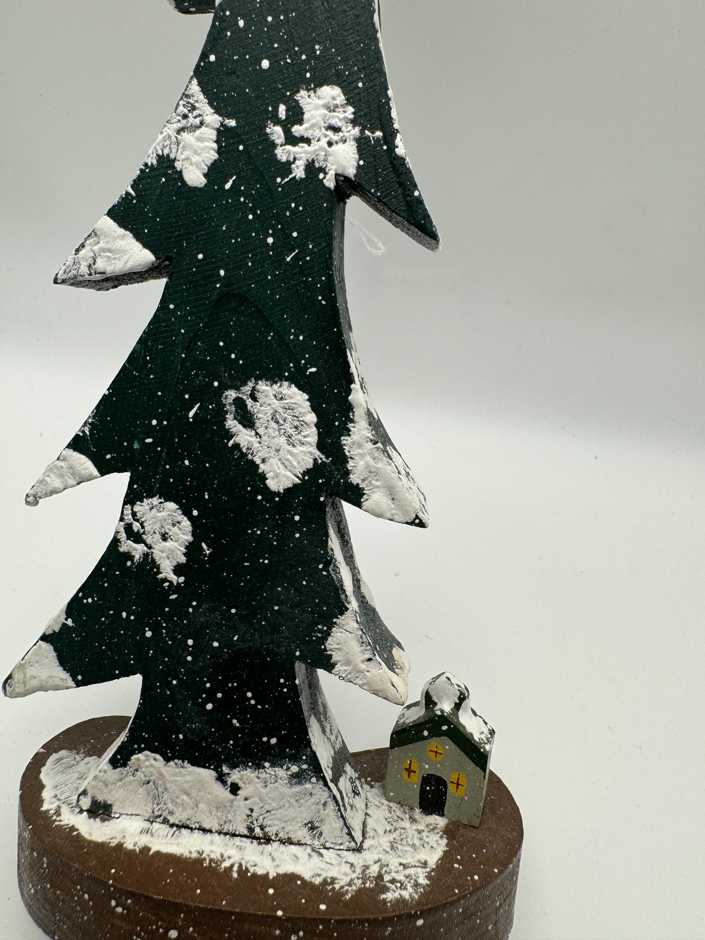 Rustic Snow-Dusted Wooden Christmas Tree with House – 11"
