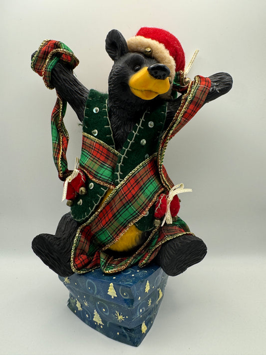 Christmas Black Bear Figurine Sitting on Gift – 10"