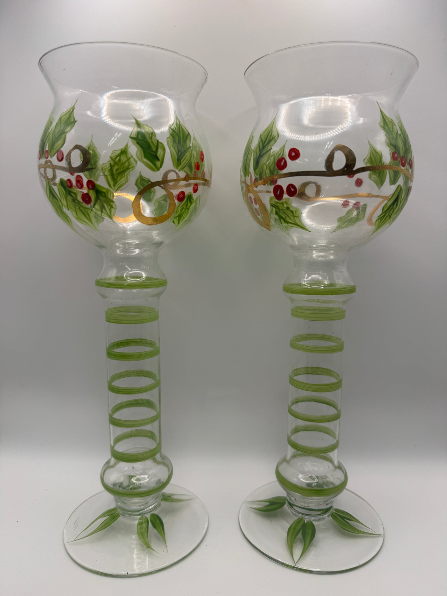 Lillian Vernon Holly Berry Glass Candle Holders – Set of 2 – 10.75"