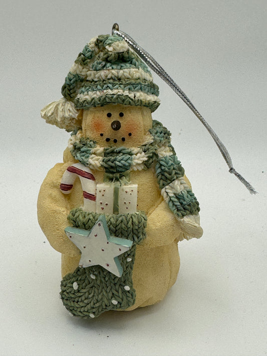 Plum Pudding Snowman Figurine – Holding Stocking with Candy Cane