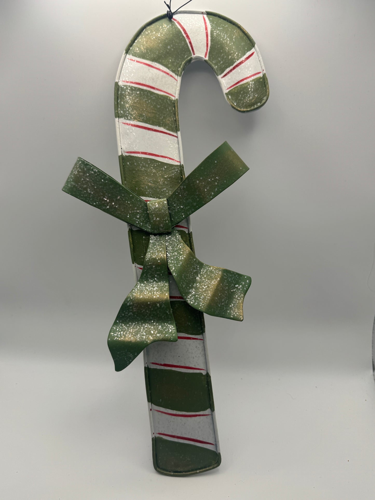 Green & White Tin Candy Cane Ornament with Glitter Bow – 14"