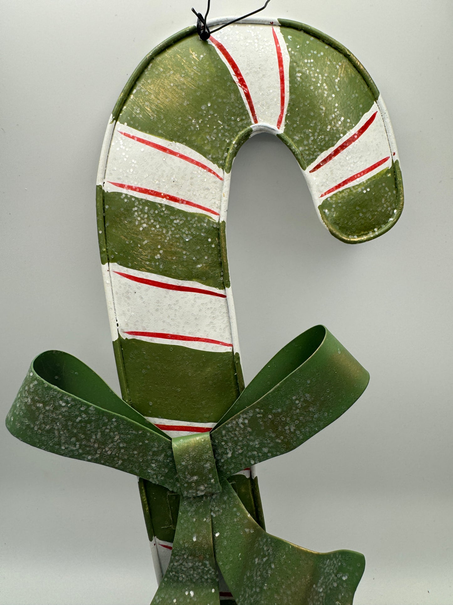 Green & White Tin Candy Cane Ornament with Glitter Bow – 14"