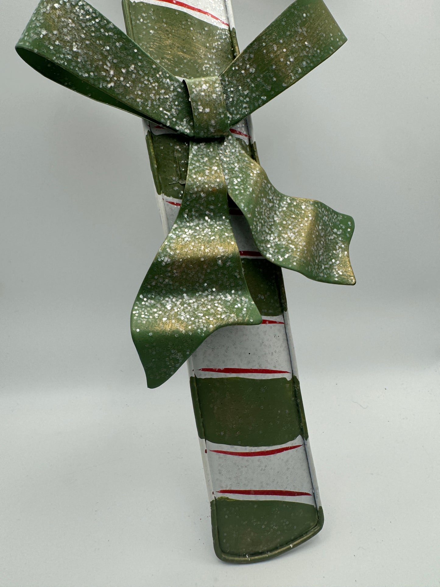 Green & White Tin Candy Cane Ornament with Glitter Bow – 14"