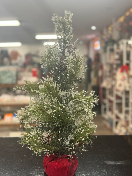 Flocked Mini Christmas Tree with Red Velvet Base – 20"