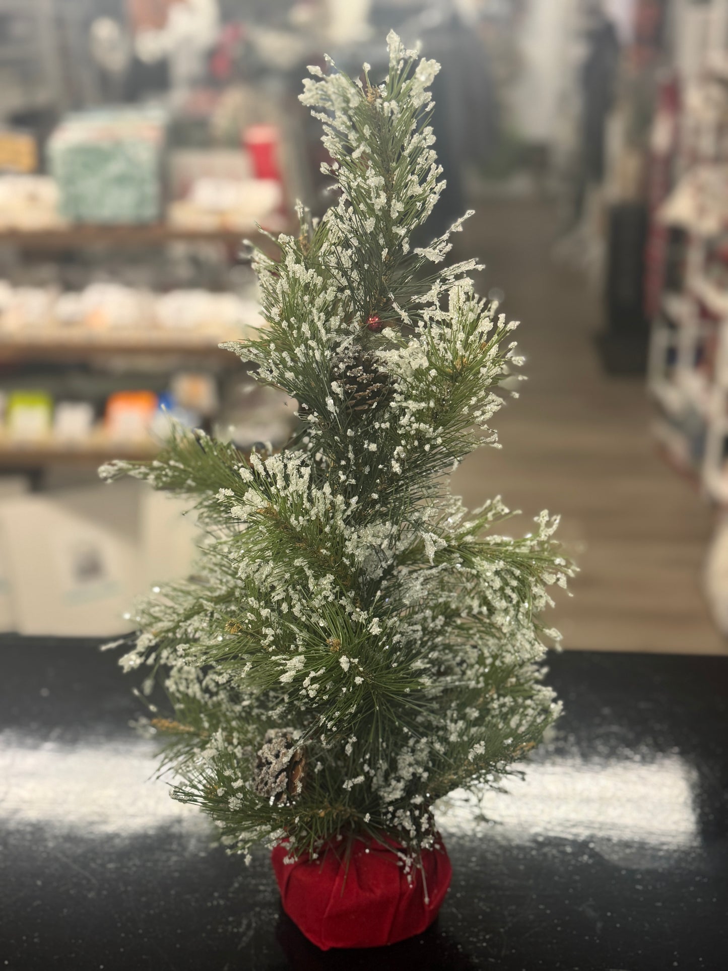 Flocked Mini Christmas Tree with Red Velvet Base – 20"