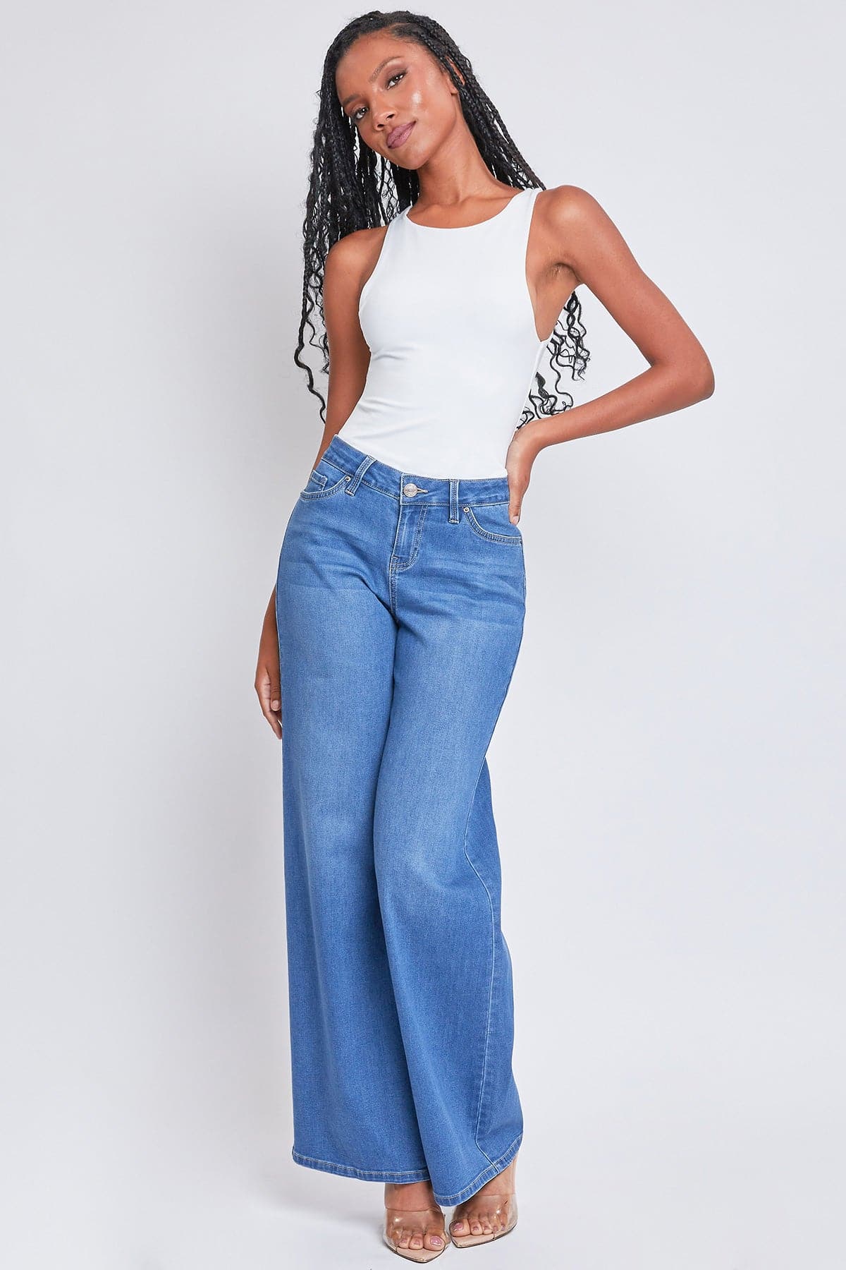 YMI Women’s Essential Low Rise Wide Leg Jeans – Medium Blue