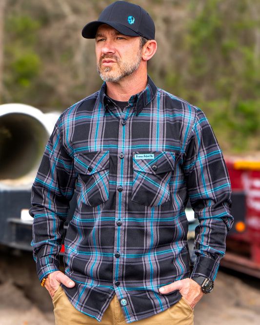 The "Redemption" Flannel - Teal, Black & Gray (Hidden Snap Collar)