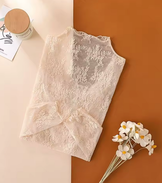 Sheer Lace High-Neck Top - Cream