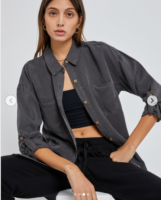 Washed Button-Up Oversized Shirt – Charcoal (Small / Medium)