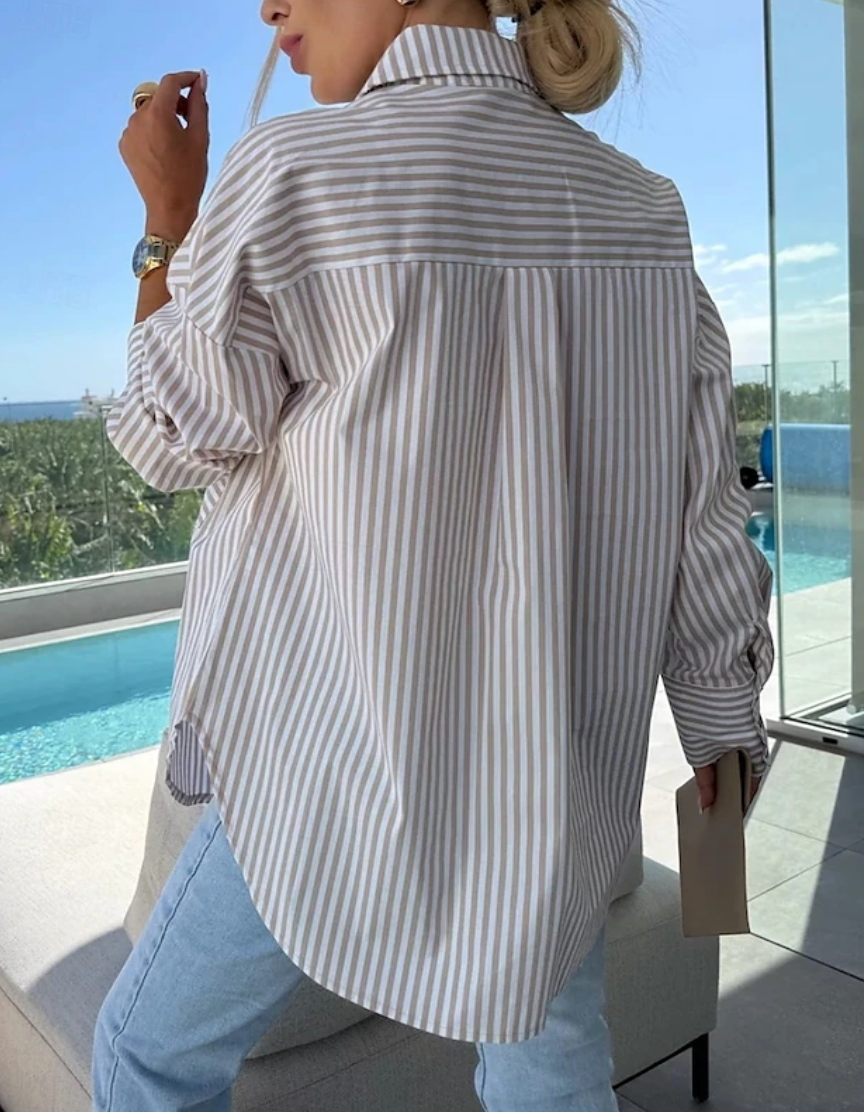 Women’s Striped Button Down Blouse - Khaki