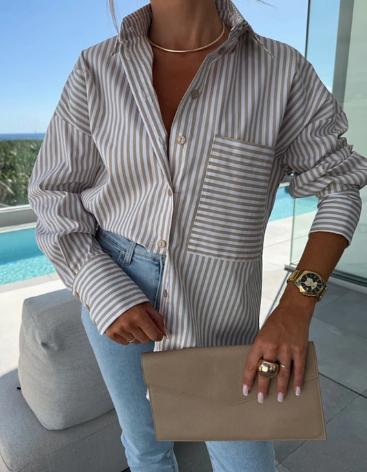 Women’s Striped Button Down Blouse - Khaki