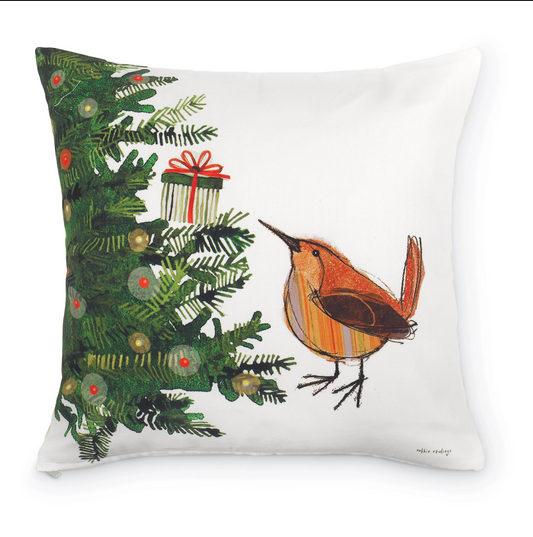 Wren and Christmas Tree Pillow by Robbin Rawlings – 18" x 18"