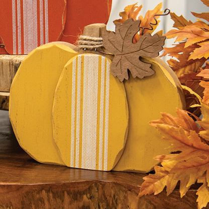 Distressed Chunky Wooden Feed Sack Stripe Pumpkin w/Leaves Sitter – Yellow
