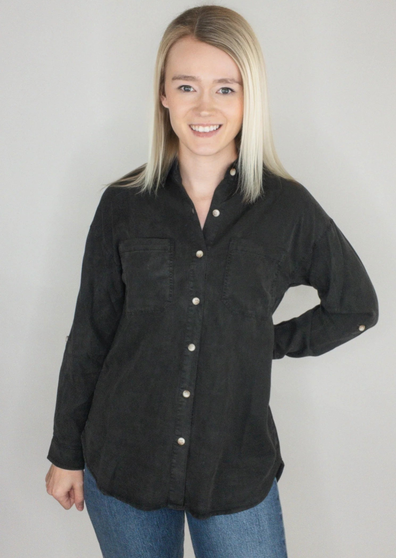 Washed Button-Up Oversized Shirt – Charcoal (Small / Medium)