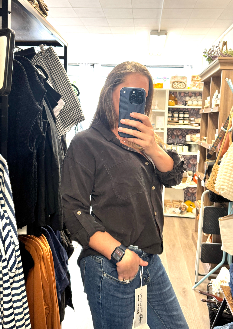 Washed Button-Up Oversized Shirt – Charcoal (Small / Medium)