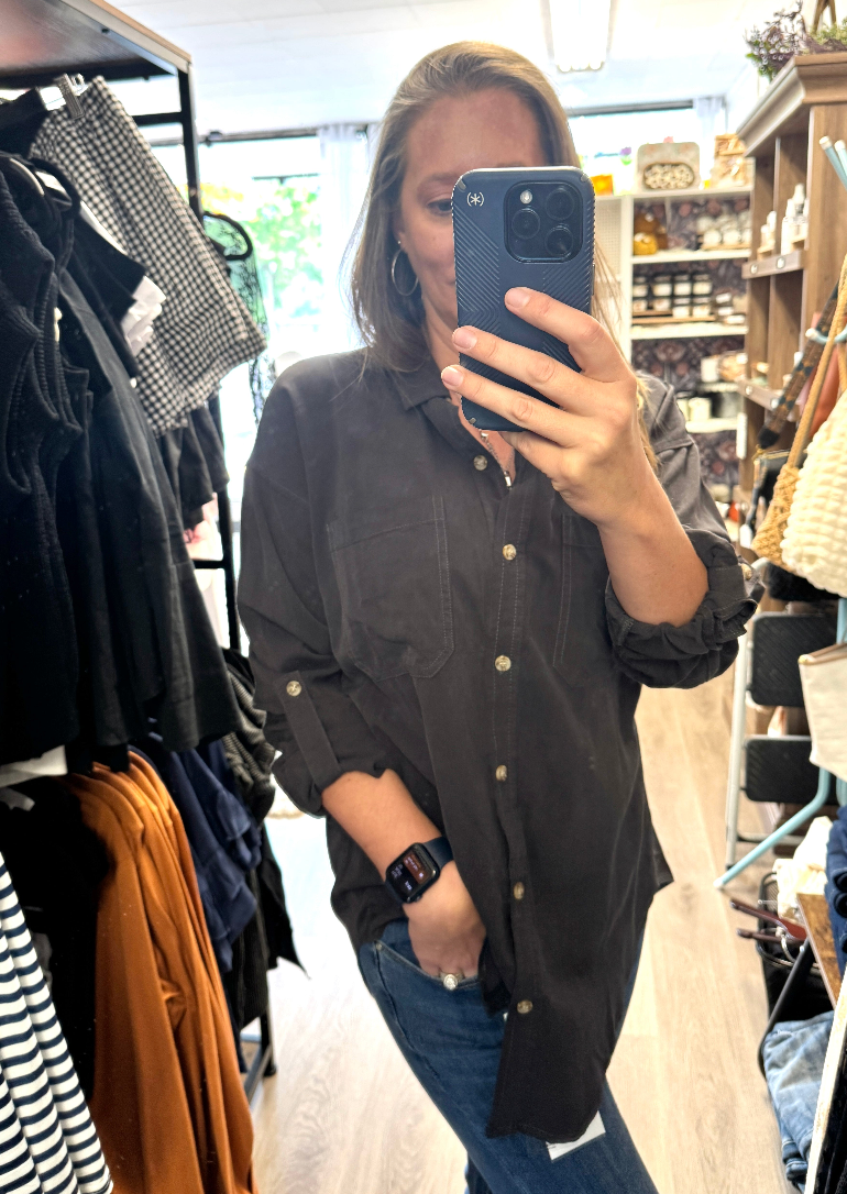 Washed Button-Up Oversized Shirt – Charcoal (Small / Medium)