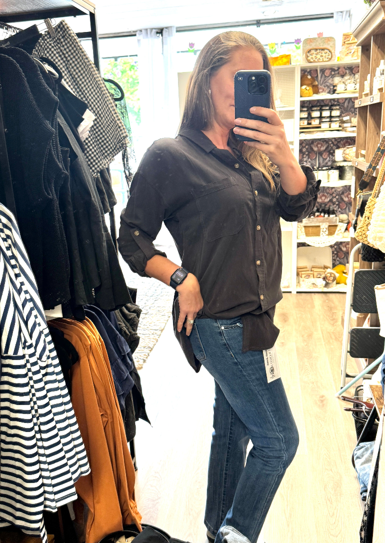 Washed Button-Up Oversized Shirt – Charcoal (Small / Medium)