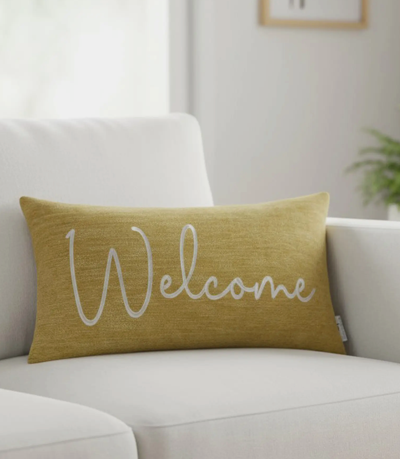 Mustard Welcome Embroidered Accent Pillow