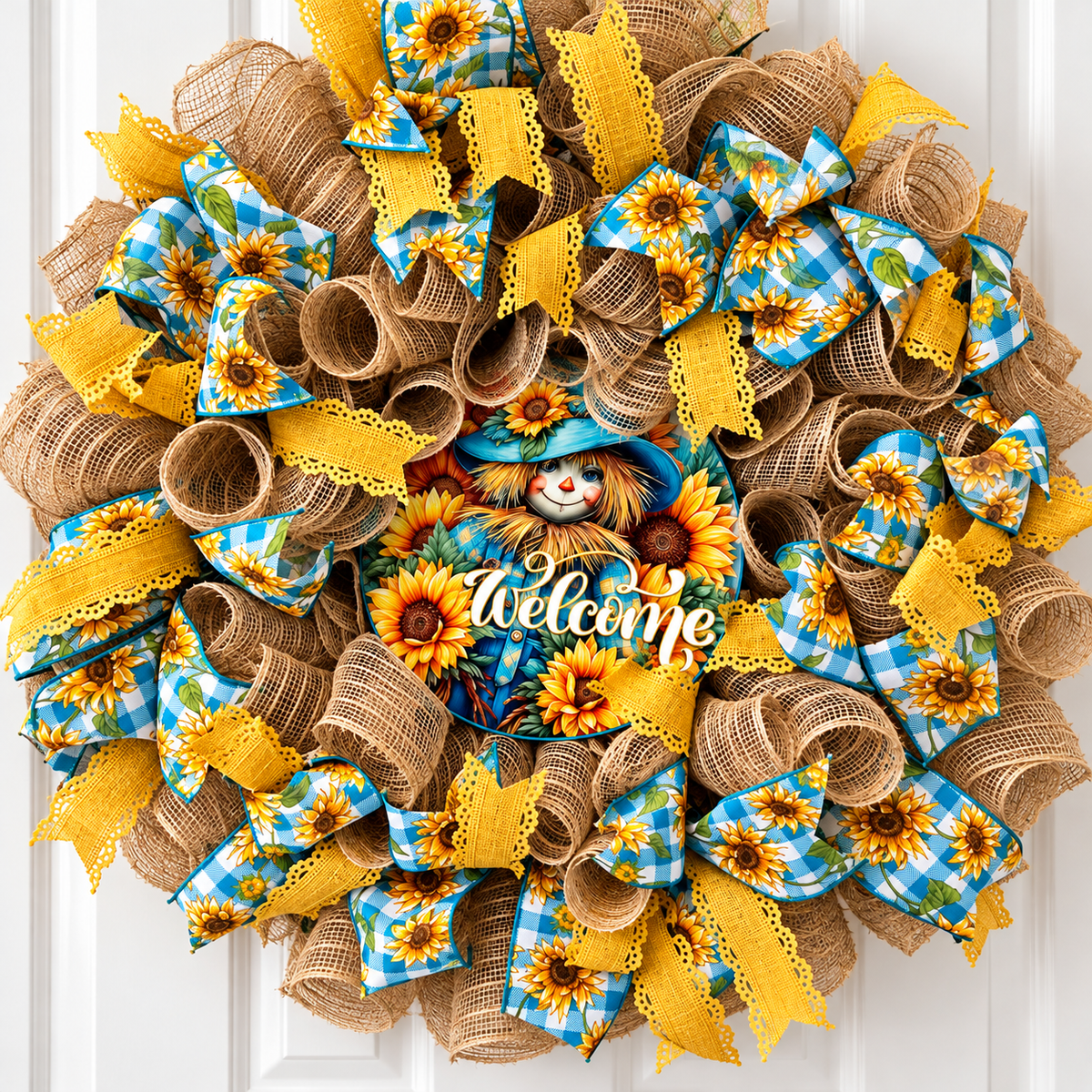 Sunflower Scarecrow Welcome Handmade Wreath – M & M Creations