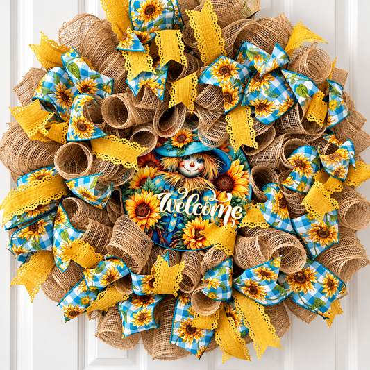Sunflower Scarecrow Welcome Handmade Wreath – M & M Creations