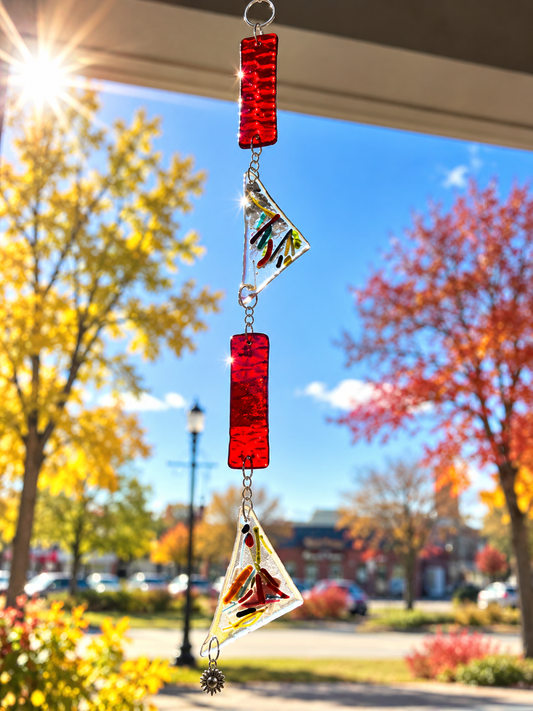 Handmade Fused Glass Hanging Suncatcher – Red & Multicolor | Beth's Glass Creations