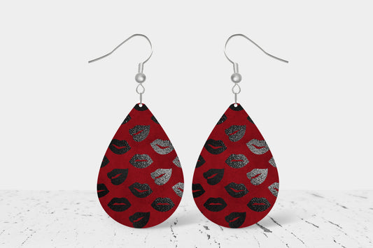 Teardrop Earrings (V5E) - Valentines Red Black Kisses