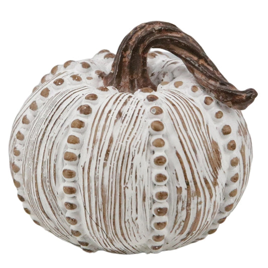 Small White & Tan Beaded Rib Resin Pumpkin