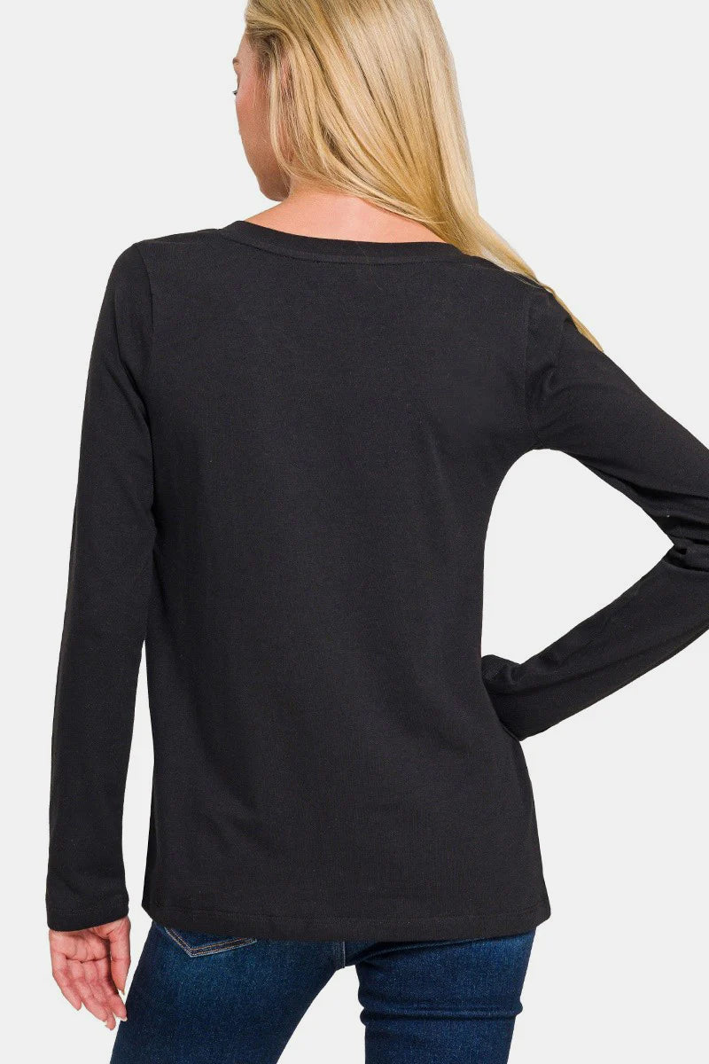 Long Sleeve V-Neck T-Shirt – Zenana - BLACK