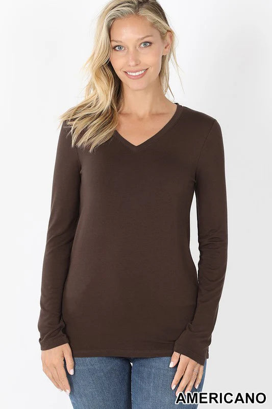 Long Sleeve V-Neck T-Shirt – Zenana - BROWN