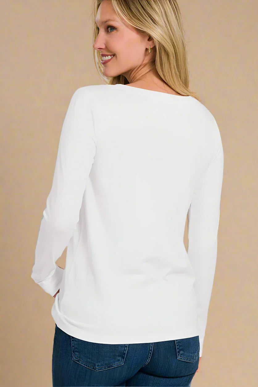 Long Sleeve V-Neck T-Shirt – Zenana - WHITE