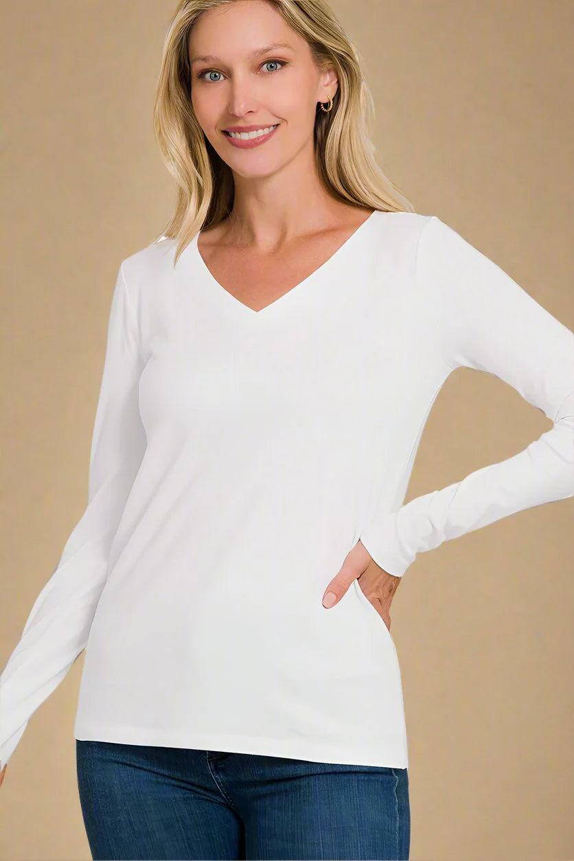 Long Sleeve V-Neck T-Shirt – Zenana - WHITE