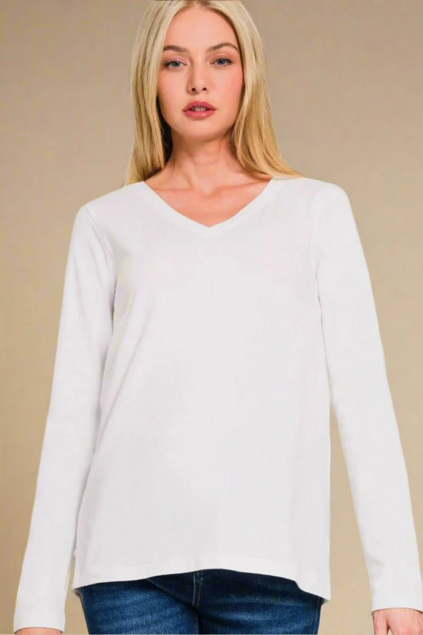 Long Sleeve V-Neck T-Shirt – Zenana - WHITE