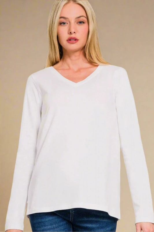 Long Sleeve V-Neck T-Shirt – Zenana - WHITE